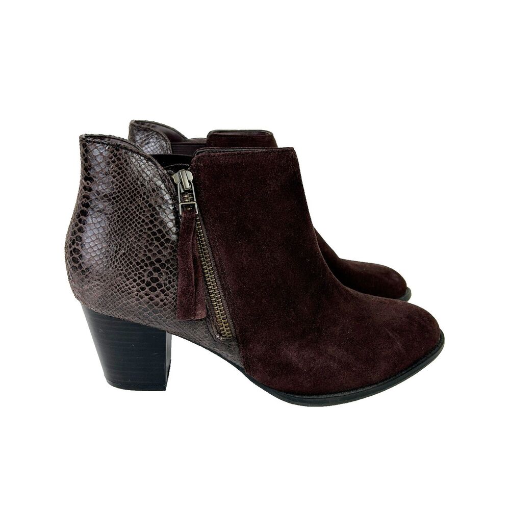 Vionic Anne Heeled Ankle Booties Java Brown Suede Snake Comfort Boots 8.5 Wide